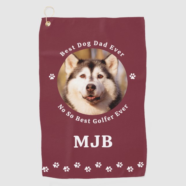 Funny DOG DAD Personalised Photo Golfer Red Golf Towel (Front)