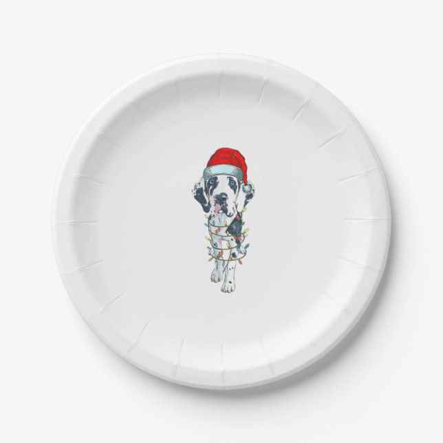 Funny Dog Great Dane Christmas Santa Hat Xmas Ligh Paper Plate (Front)