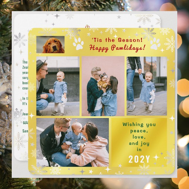 Funny Dog Happy Pawlidays Peace Love Photos Golden Holiday Card (Funny Dog Cat Photo Happy Pawlidays with 5 Photos Total. Elegant Cute Golden Background, Snowflakes)