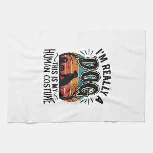 Funny Dog Human Costume Halloween Vintage Dog Desi Tea Towel