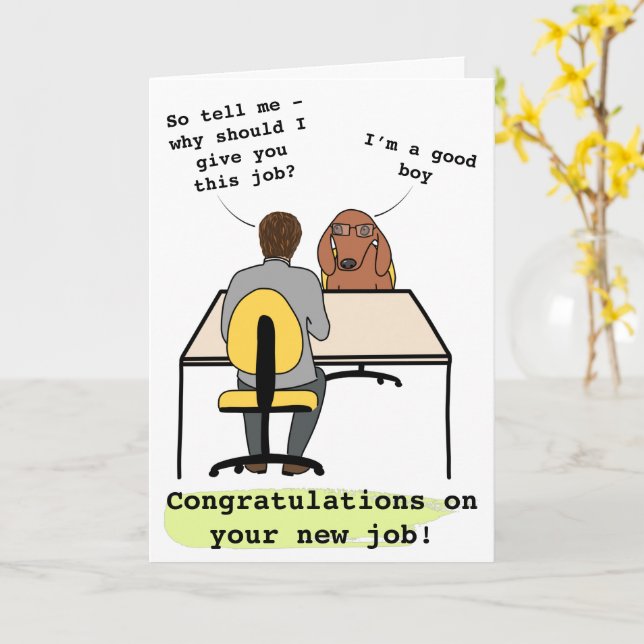 Funny dog illustration congratulations new job card (Yellow Flower)