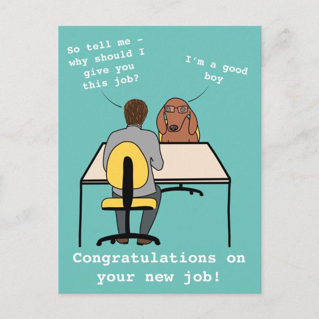 Funny dog illustration congratulations new job postcard (Front)