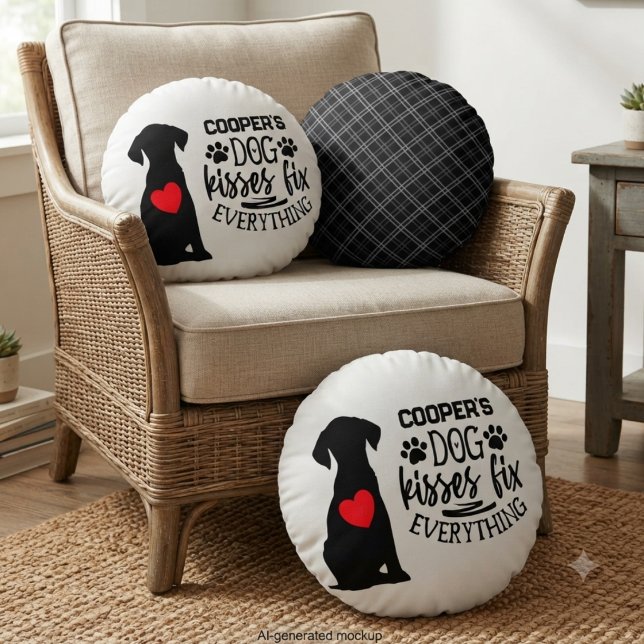 Funny Dog Kisses Fix Everything Pet Lover Round Cushion (Dog Kisses Fix Everything round pillow for pet parents — perfect holiday gift idea for her.)