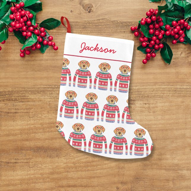 Funny Dog Lover Dog Wearing Ugly Christmas Sweater Small Christmas Stocking (Creator Uploaded)