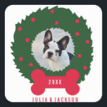 Funny Dog Lover's Christmas Wreath With Dog Photo Square Sticker<br><div class="desc">The perfect sticker for all you dog lovers!!  Your dog's photo is surrounded by a festive green holiday wreath decorated with red berries and a red dog bone "bow".  Customise with the year and names or your custom text below.  Great for packages,  thank yous and so much more!</div>