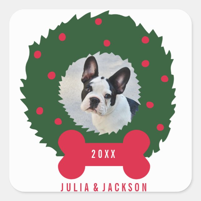 Funny Dog Lover's Christmas Wreath With Dog Photo Square Sticker (Front)