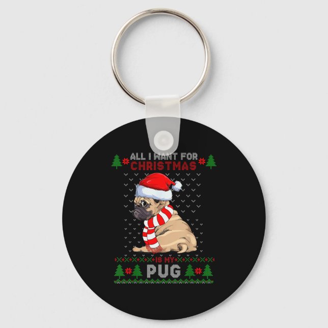 Funny Dog Lovers Cute Pug Santa Hat Ugly Christmas Key Ring (Front)