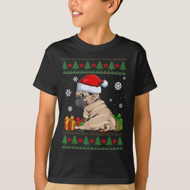 Funny Dog lovers Cute Pug Santa Hat Ugly Christmas T-Shirt (Front)
