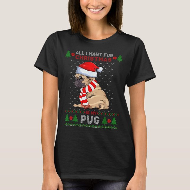 Funny Dog Lovers Cute Pug Santa Hat Ugly Christmas T-Shirt (Front)