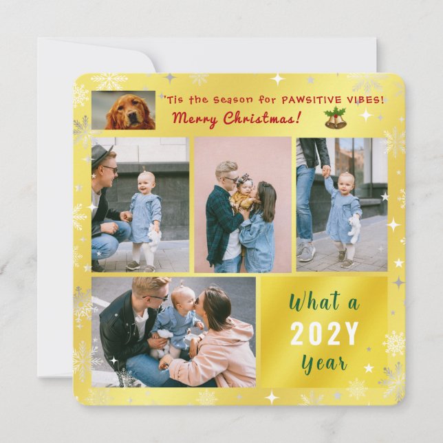 Funny Dog Pawsitive 5 Photos Collage Modern Golden Holiday Card (Front)
