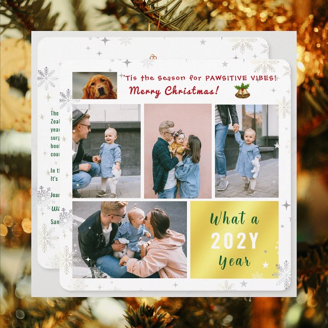 Funny Dog Pawsitive 5 Photos Letter Cute Modern Holiday Card (Elegant Modern Cute Funny Pawsitive Vibes Pet Dog Merry Christmas 5 Photos What a Year Snowflakes )