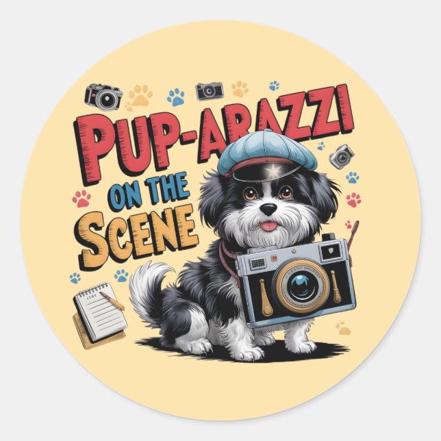 Funny Dog Photographer Design Classic Round Sticker (Front)