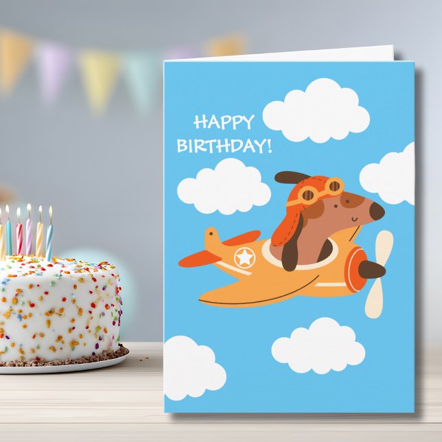 Funny Dog Pilot Flying Airplane Boy Birthday Card (Creator Uploaded)