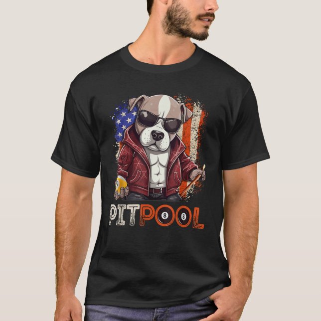 Funny Dog Playing Pool Billiard American Flag Desi T-Shirt (Front)