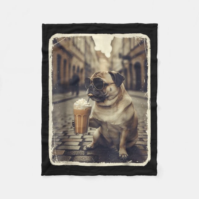 Funny dog pug drinking iced coffee animal meme men fleece blanket (Front)