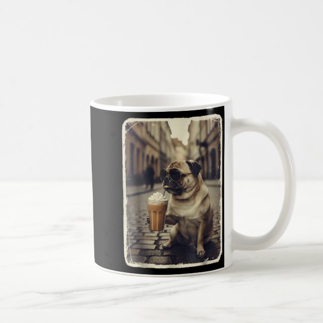 Funny dog pug drinking iced coffee animal meme men mug (Right)