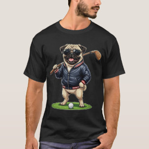 Funny Dog Pug Playing Golf Golfer Pet Art T-Shirt