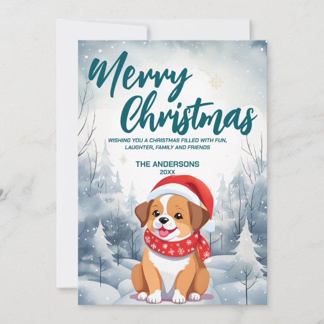 Funny Dog puppy Merry Xmas tree snow Holiday party Card (Front)