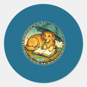 Funny Dog Reading Book Rain Cozy Umbrella Cute Art Classic Round Sticker
