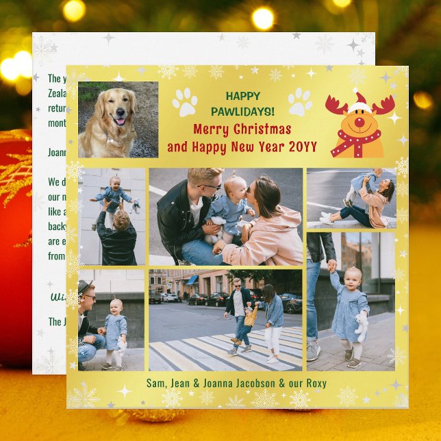 Funny Dog Rudolph Happy Pawlidays Golden 7 Photos Holiday Card (Funny Golden Happy Pawlidays Christmas Card. Dog Photo + Rudolph the Reindeer + 6 Family Photos Snow)