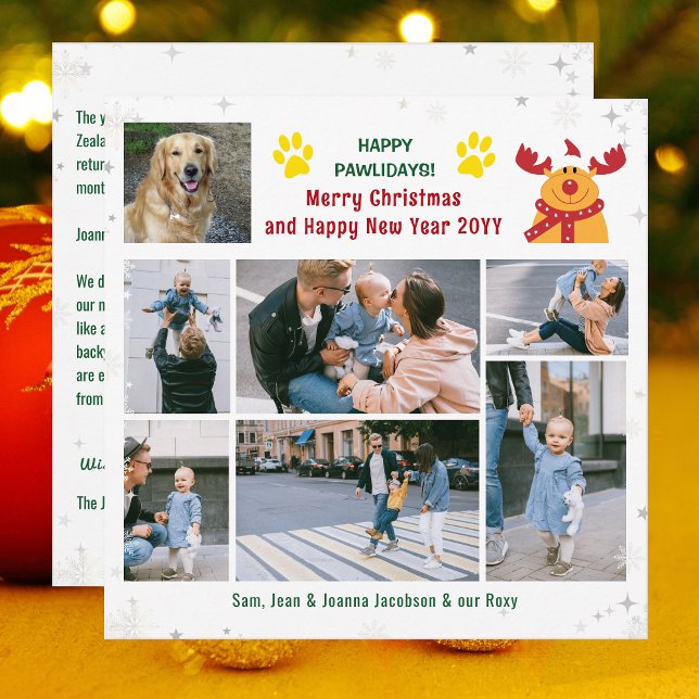 Funny Dog Rudolph Happy Pawlidays Photos Christmas Holiday Card (Funny Happy Pawlidays Christmas Card. Dog Photo + Rudolph the Reindeer + 6 Family Photos. Snowflakes)