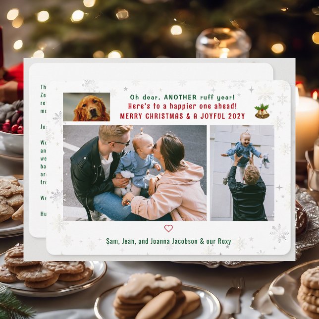 Funny Dog Ruff Year 3 Photos Merry Christmas Cute Holiday Card (Cute Funny Modern Oh Dear Ruff Year Pet Dog Snow Merry Christmas Joyful New Year 3 Photos Letter)