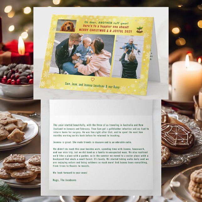 Funny Dog Ruff Year 3 Photos Merry Xmas Golden Card (Cute Funny Modern Oh Dear Ruff Year Dog Snow Merry Christmas Joyful New Year 3 Photos Letter Golden)