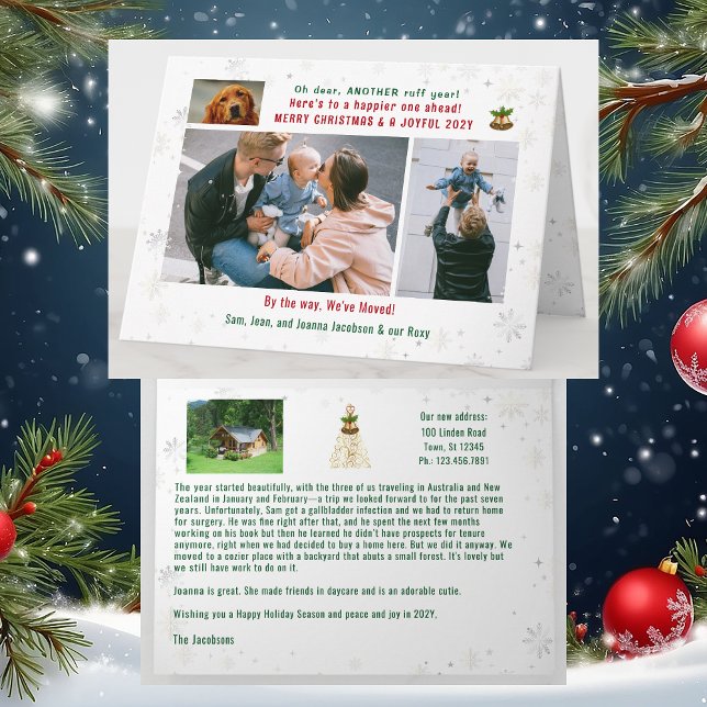 Funny Dog Ruff Year We've Moved 4 Photos Collage  Card (Funny Dog Oh Dear, Another Ruff Year. We've Moved Xmas Card. 4 Photos. Elegant, golden. Snowflakes)