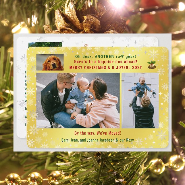 Funny Dog Ruff Year We've Moved 4 Photos Golden Holiday Card (Funny Pet Dog Another Ruff Year Christmas New Year We've Moved 5 Photos Elegant Golden Cute Letter)