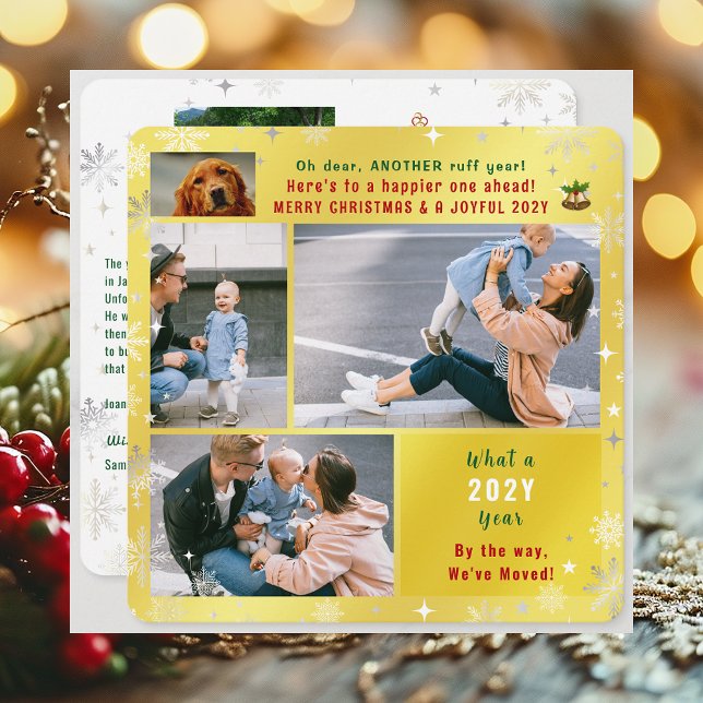 Funny Dog Ruff Year We've Moved 5 Photos Golden Holiday Card (Funny Pet Dog Ruff Year Christmas New Year Card We've Moved 5 Photos Elegant Golden Cute Modern)