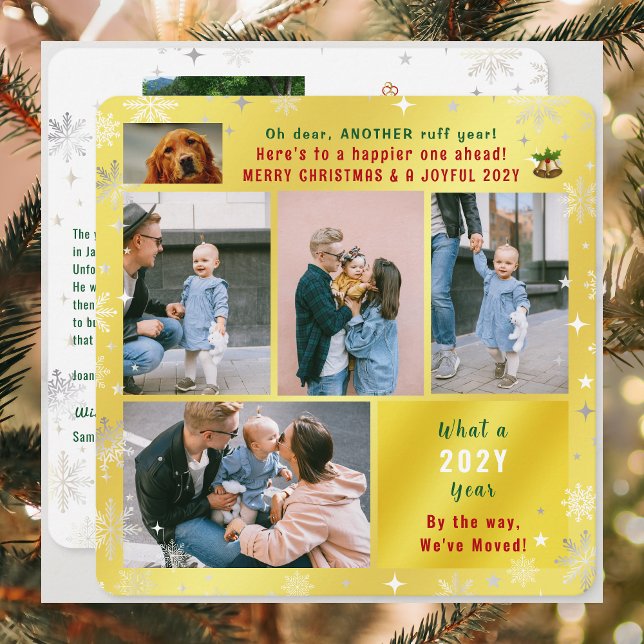 Funny Dog Ruff Year We've Moved 6 Photos Golden  Holiday Card (Funny Another Ruff Year Christmas card. Dog photo, 6 photos total. What a year letter. Golden, snow)