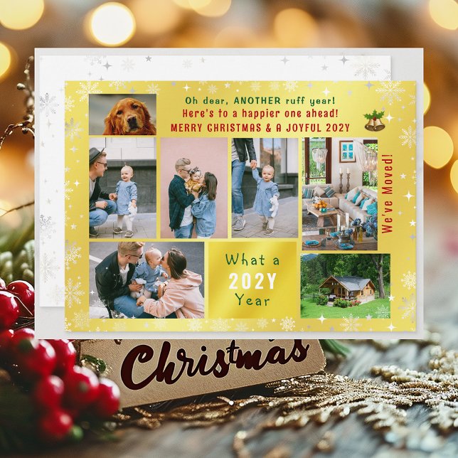 Funny Dog Ruff Year We've Moved 7 Photos Golden Holiday Card (Funny Pet Dog Ruff Year Christmas New Year Card We've Moved 7 Photos Elegant Golden Cute Modern)
