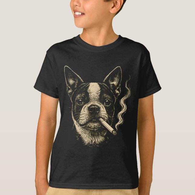 Funny Dog Smoking Cigarette Funny Boston T-Shirt (Front)