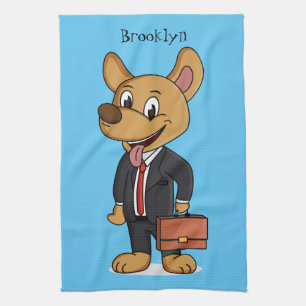 Funny dog wearing business suit cartoon tea towel