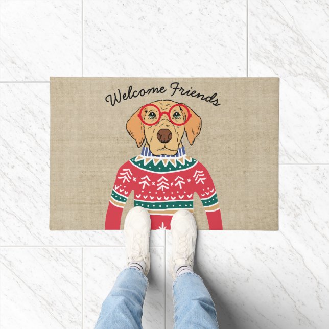 Funny Dog Wearing Glasses, Ugly Christmas Sweater Doormat (Indoor)