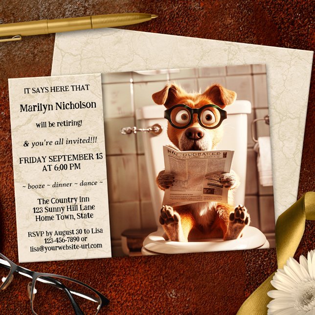Funny Dog Whimsical Retirement Party Invitation (Whimsical retirement party invitation featuring a funny dog on a toilet seat reading the newspaper)
