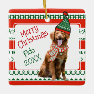 Funny Dog with Elf Hat and Scarf Red Green Custom Ceramic Ornament