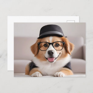 Funny dog with glasses and hat postcard
