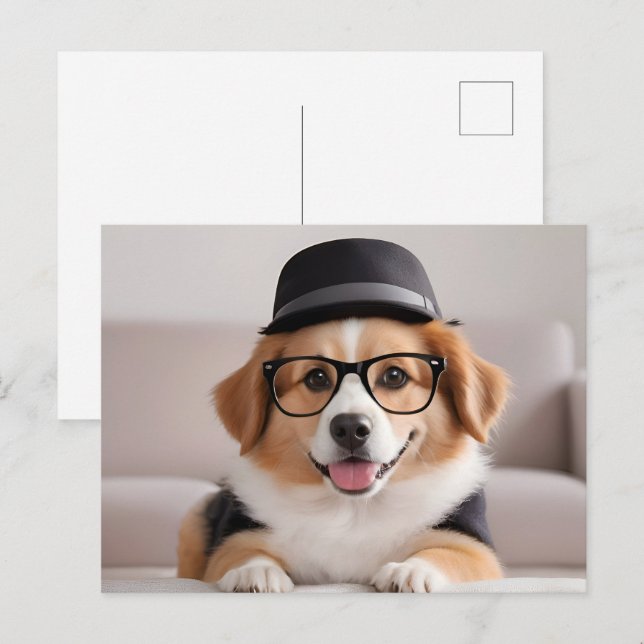 Funny dog with glasses and hat postcard (Front/Back)