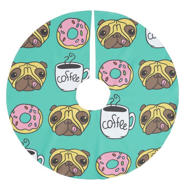 Funny dogs, doughnuts, coffee pattern. brushed polyester tree skirt (Front)
