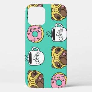 Funny dogs, doughnuts, coffee pattern. iPhone 12 case