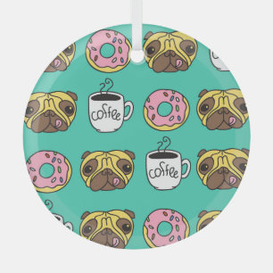 Funny dogs, doughnuts, coffee pattern. glass tree decoration