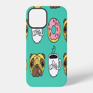 Funny dogs, doughnuts, coffee pattern. iPhone 12 case