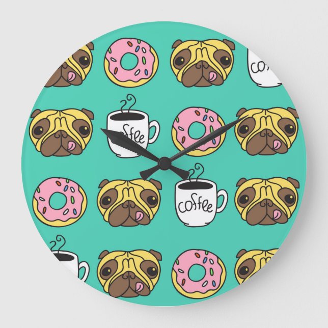 Funny dogs, doughnuts, coffee pattern. large clock (Front)