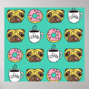 Funny dogs, doughnuts, coffee pattern. poster