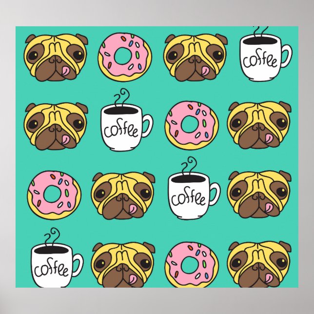 Funny dogs, doughnuts, coffee pattern. poster (Front)