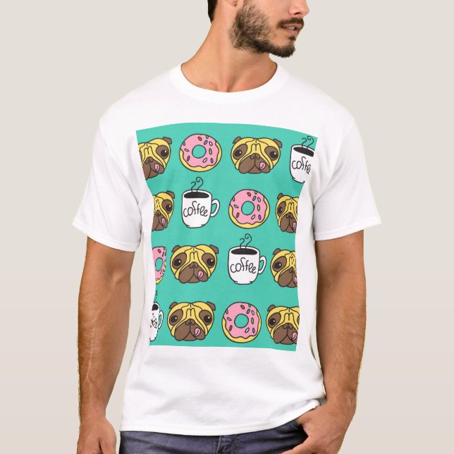 Funny dogs, doughnuts, coffee pattern. T-Shirt (Front)