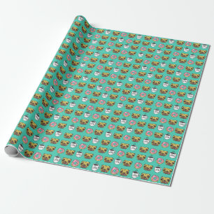 Funny dogs, doughnuts, coffee pattern. wrapping paper