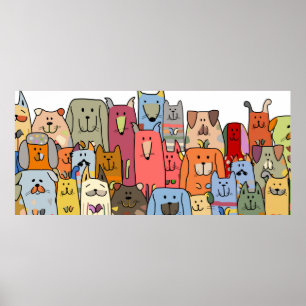 Funny dogs family, seamless pattern, vintage illus poster