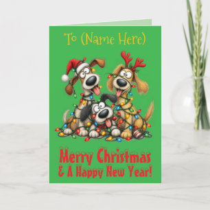 Funny Dogs Tangled in Xmas Lights Holiday Card